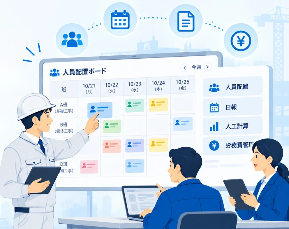ホワイトボードを使って人員配置を確認する建設業の担当者