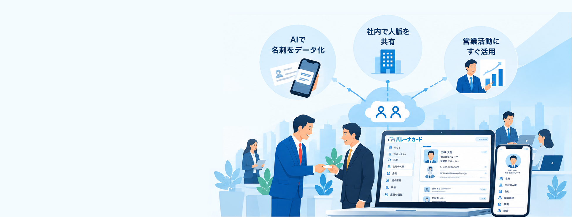 名刺を交換する人物、クラウド、PCとスマートフォン