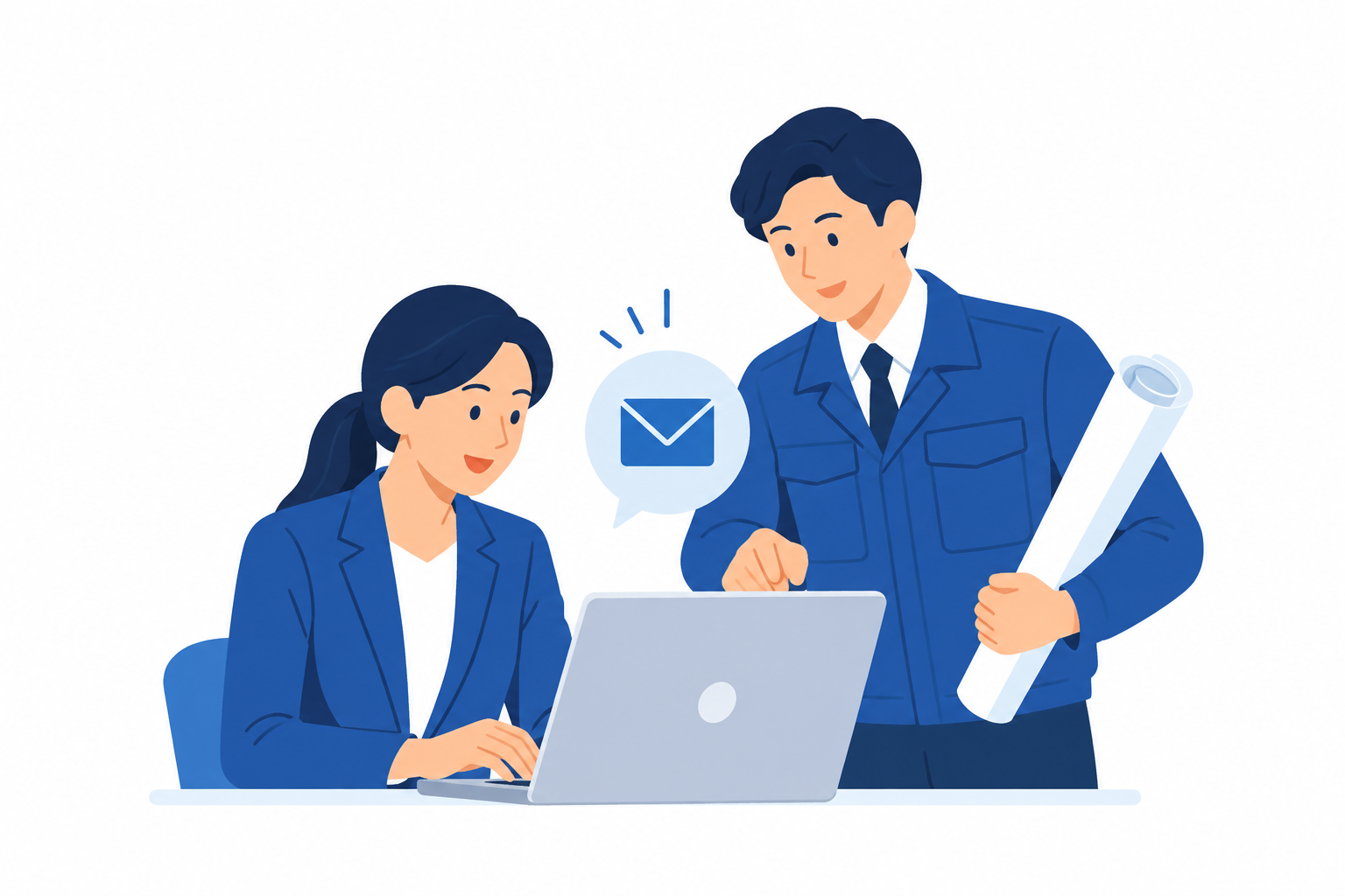 問い合わせを確認する営業担当と図面を持った施工担当