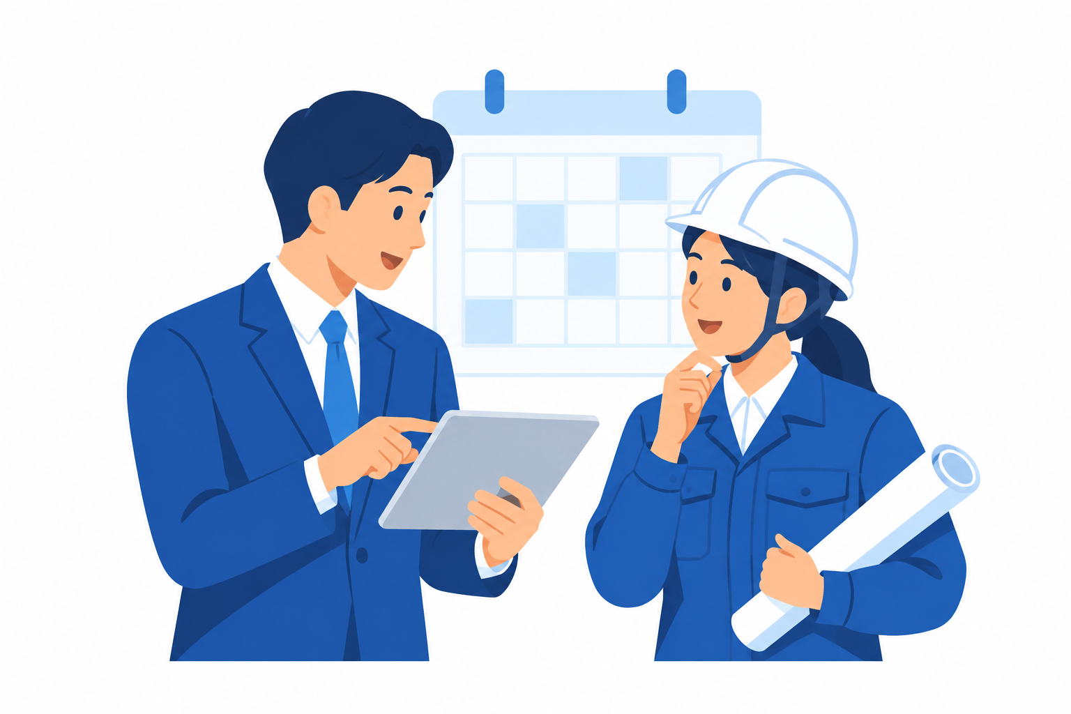現場訪問の予定をタブレットで確認する営業担当と施工担当